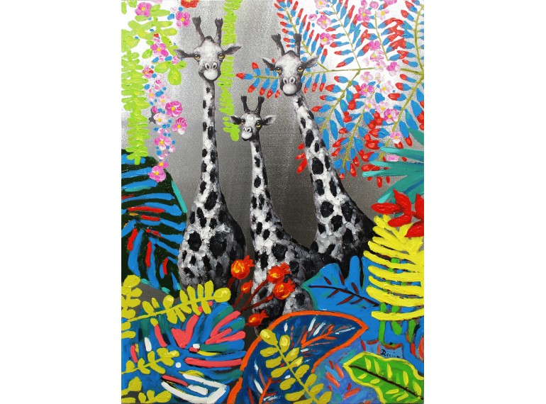Peinture sur toile cadre décoratif mural girafe troupeau multicolore - KINSHANSA