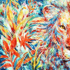 Diptyque peinture sur toile cadre décoratif mural lion multicolore - JUNGLE