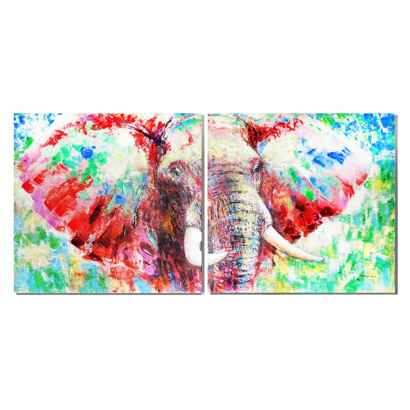 Tableau/peinture diptyque sur toile multicolore représentant un éléphant - AFRICA