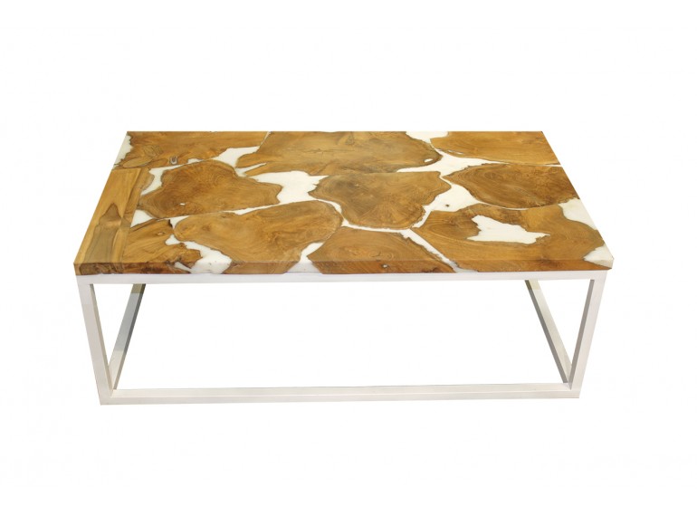 Table basse en teck et résine blanche - design contemporain - Steph