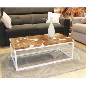Table basse en teck et résine blanche - design contemporain ambiance - Steph