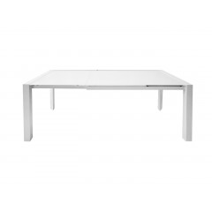 Table de repas extensible 120/180 cm rectangulaire plateau verre blanc et piétement acier - vue de face - SUBTILE 2