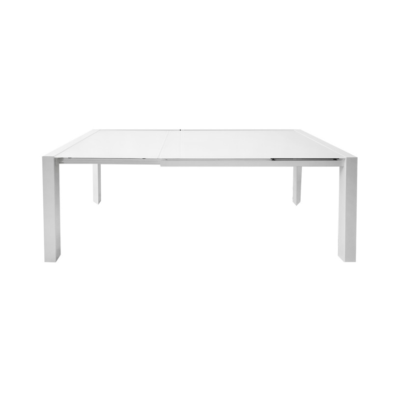 Table de repas extensible 120/180 cm rectangulaire plateau verre blanc et piétement acier - vue de face - SUBTILE 2