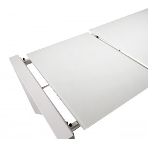 Table de repas extensible 120/180 cm rectangulaire plateau verre blanc et piétement acier - vue en extension - SUBTILE 2