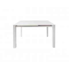 Table de repas extensible 120/180 cm rectangulaire plateau verre blanc et piétement acier - vue de côté - SUBTILE 2