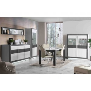 Bahut 3 portes 2 tiroirs béton gris foncé & blanc - ambiance salle à manger - MONACO