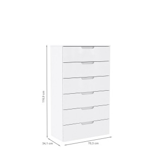 Chiffonnier commode blanc laqué 6 tiroirs - design moderne contemporain - Vue mesures -  PURE