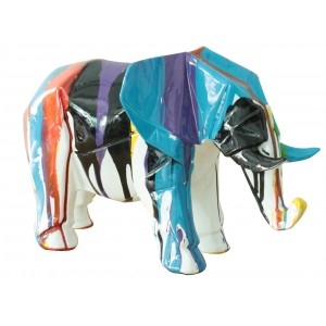 Statuette éléphant multicolore en résine L33 cm - design cubique - peint à la main - ELEPH 2