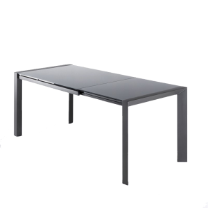 Table de repas extensible 120/180 cm rectangulaire plateau verre gris et piétement acier - vue de 3/4 - SUBTILE 2