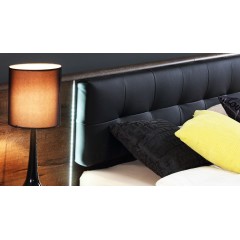 Lit double 180x200 et tables de chevet décor chêne noir et brun éclairages LED - BELLA