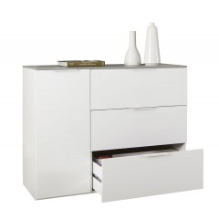 Commode 1 porte 3 tiroirs blanc et décor béton - ouverte - GALAVERNA