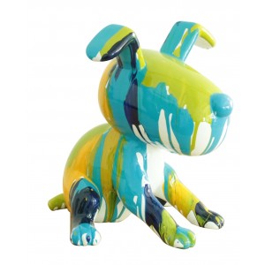 statue chien assis peinture bleu/vert en résine -  TCHOUPI