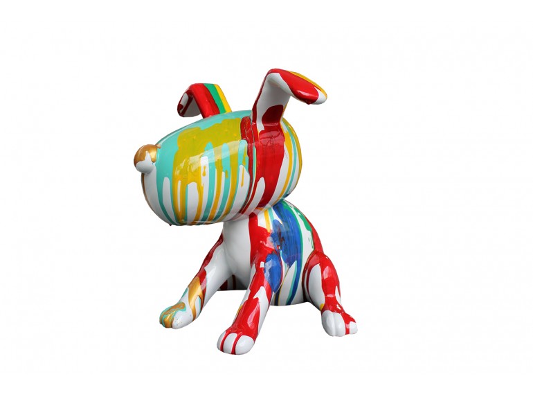 Statuette chien assis peinture multicolore en résine -  vue de 3/4 - DOGGY 03