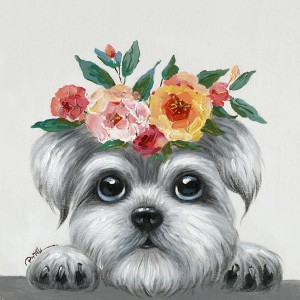 Peinture sur toile cadre décoratif chien couronne fleuri - YORKY