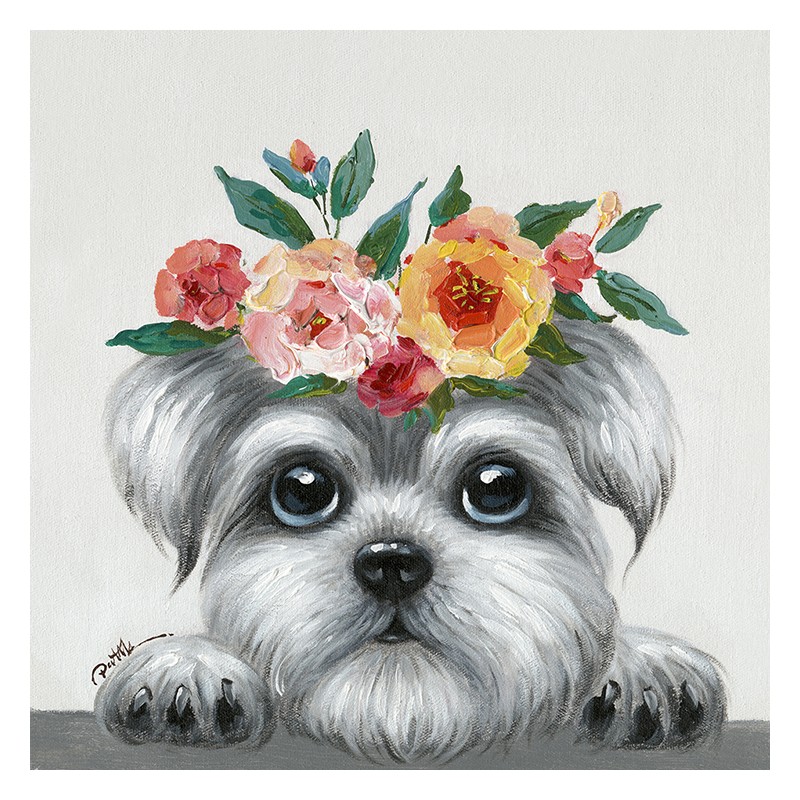 Peinture sur toile cadre décoratif chien couronne fleuri - YORKY