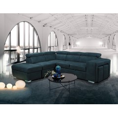 Canapé d'angle convertible gauche et coffre de rangement coloris bleu - photo ambiance - DALLAS
