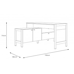 Bureau d'angle 2 portes 2 tiroirs blanc et décor chêne clair -  schéma dimensions - SCANDI