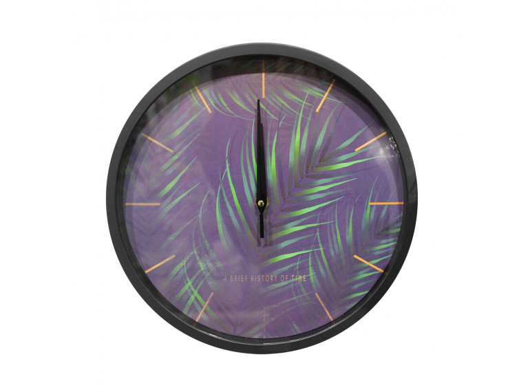 Horloge ronde 30 cm avec cadran violet à aiguilles et visuel végétal -vue d'ensemble - CLICKY