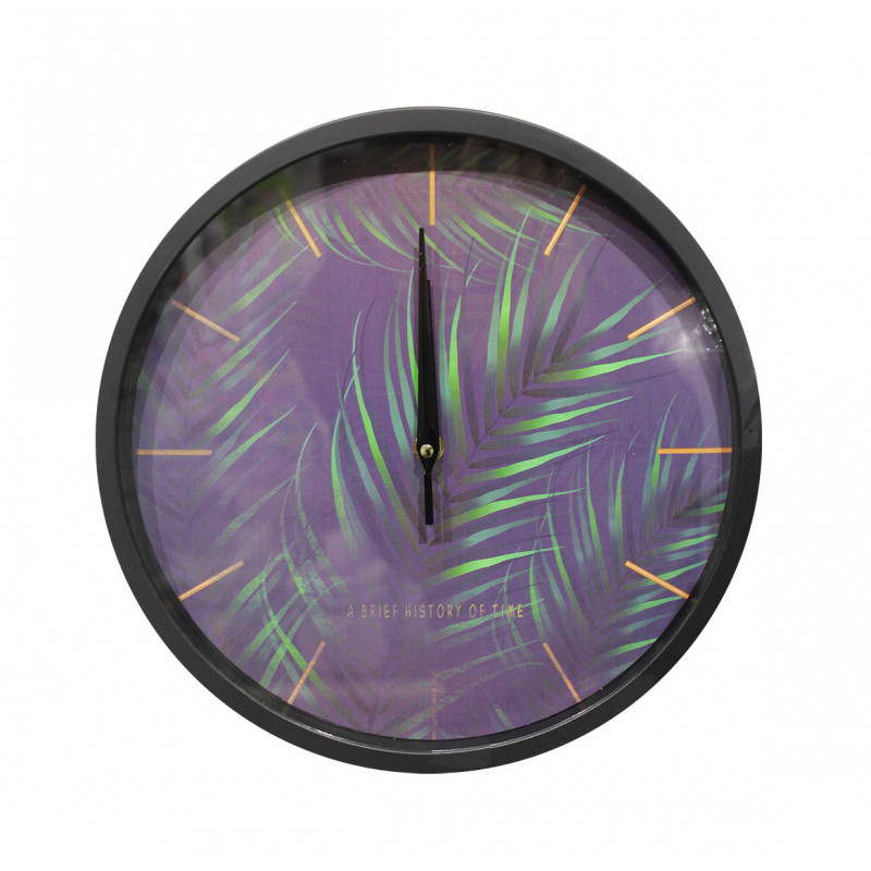 Horloge ronde 30 cm avec cadran violet à aiguilles et visuel végétal -vue d'ensemble - CLICKY