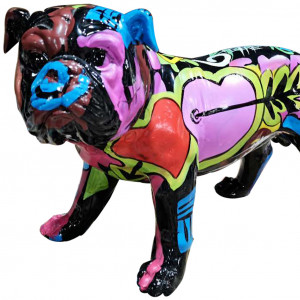 Statuette chien noir et multicolore en résine H26cm - LOVEUR - zoom sur la tête du chien