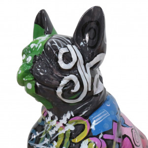 Statue chien bouledogue multicolore assis en résine noire H45cm - zoom visage - TAGY