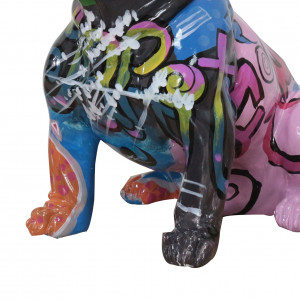 Statue chien bouledogue multicolore assis en résine noire H45cm - zoom inférieur - TAGY