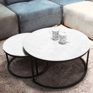 Table basse ronde gigogne en céramique & métal - vue en ambiance - ODESSA