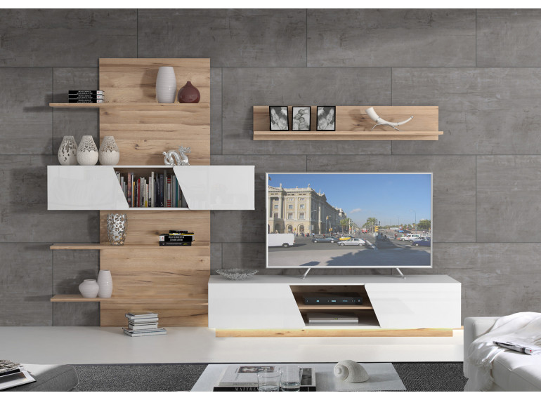 Ensemble meuble TV avec paroi murale couleur blanc et fintion chêne clair - LED  non inclus - design contemporain - LUCIE