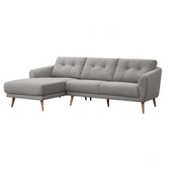 Canapé d'angle en tissu gris avec coussins capitonnés et pieds bois évasés - angle gauche - vue en angle - SIENNA