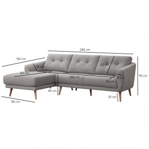 Canapé d'angle en tissu gris avec coussins capitonnés et pieds bois évasés - angle gauche - SIENNA