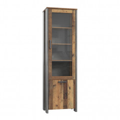 Vitrine en bois avec porte vitrée réversible droite/gauche H205cm effet bois vieilli - vue en angle - FRED