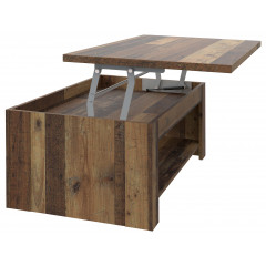 Table basse avec plateau relevable en bois effet vieilli - vue de côté avec plateau relevé - FRED