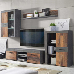Ensemble meuble TV paroi murale en bois et finition béton - vue en ambiance - GREG