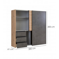 Armoire 2 portes coulissantes 3 tiroirs en bois L200 cm - dimensions - LOOKY