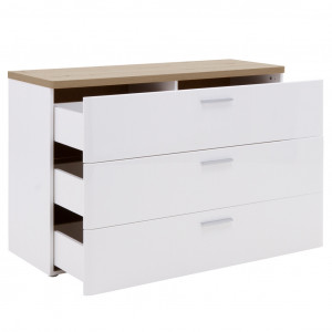 Commode 3 tiroirs en bois finition blanc brillant - vue tiroirs ouverts - LIZA