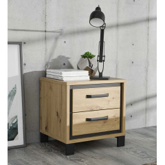 Table de chevet 2 tiroirs en bois chêne et métal noir - vue en ambiance - IBIZA