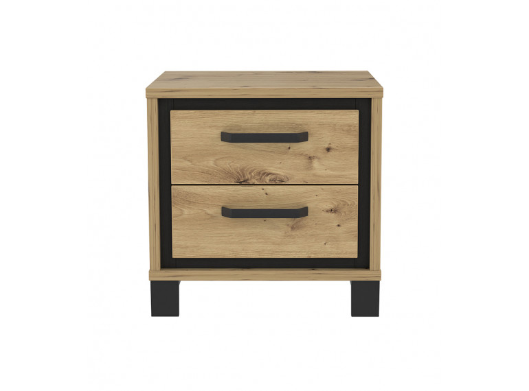 Table de chevet 2 tiroirs en bois chêne et métal noir - vue de face - IBIZA