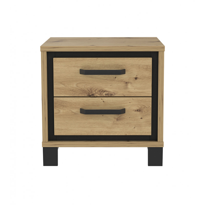 Table de chevet 2 tiroirs en bois chêne et métal noir - vue de face - IBIZA