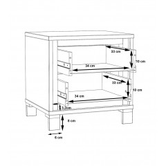 Table de chevet 2 tiroirs en bois chêne et métal noir - dimensions - IBIZA