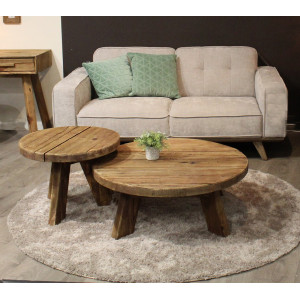 Table basse ronde en bois recyclé - photo ambiance cosy - ORIGIN