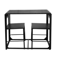 Ensemble table et 2 chaises en bois avec piètement en métal noir - vue de face - BERTILLE 286