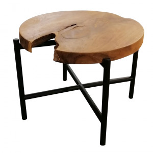Table basse en métal noir avec plateau en bois de teck rond D60cm - vue de face - KLIWON