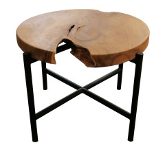Table basse en métal noir avec plateau en bois de teck rond D60cm - vue en ambiance - KLIWON