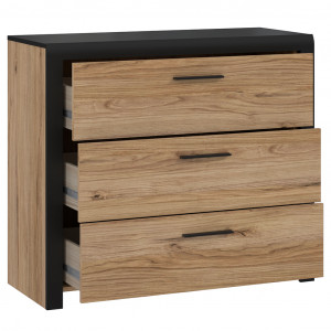 Commode 3 tiroirs en bois finition chêne - tiroirs ouverts - DAVID