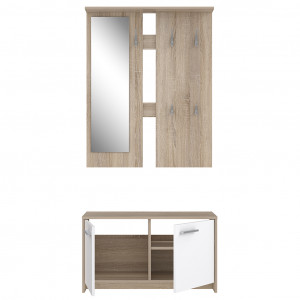 Meuble d'entrée en bois effet chêne et blanc avec rangement et miroir - vue rangements ouverts - FOX