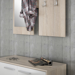 Meuble d'entrée en bois effet chêne et blanc avec rangement et miroir - zoom - FOX