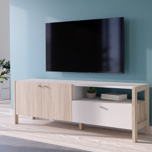 Meuble TV moderne en bois effet chêne et blanc avec 1 tiroir 2 portes - vue en ambiance - VIK