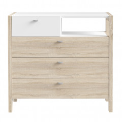 Commode en bois effet chêne et blanc avec 4 tiroirs et 1 niche - vue de face - VIK