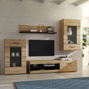 Ensemble meuble TV paroi murale en bois effet chêne et gris - vue en ambiance - HUG