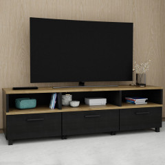 Meuble TV sur roulettes décor bois clair et noir - vue d'ambiance - LAKE